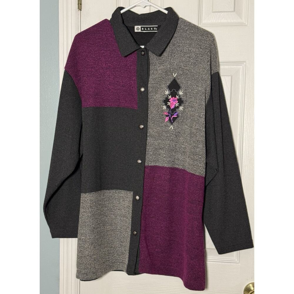 Vintage B Blast Pink Gray Black Button Up Sweater Grandma Core Embroirdered XL